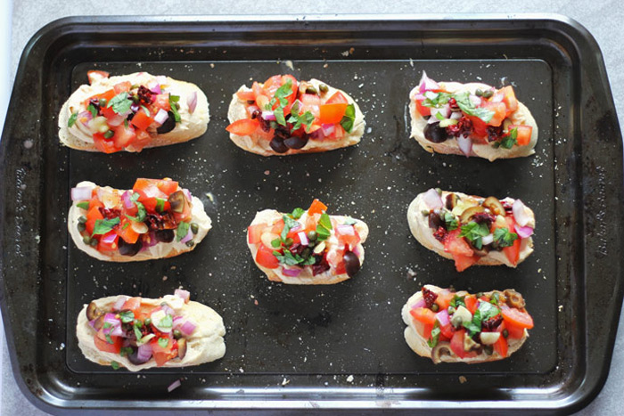 Bruschetta and Hummus on Toasted Baguette Slices