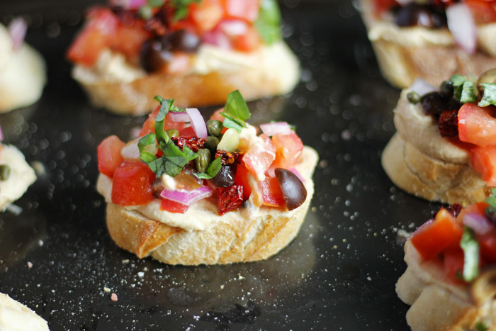 Bruschetta and Hummus on Toasted Baguette Slices
