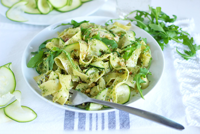 pappardelle with zucchini and arugula walnut pesto vegan pasta