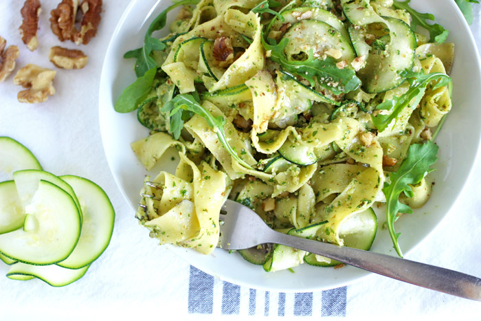 pappardelle with zucchini and arugula walnut pesto vegan pasta