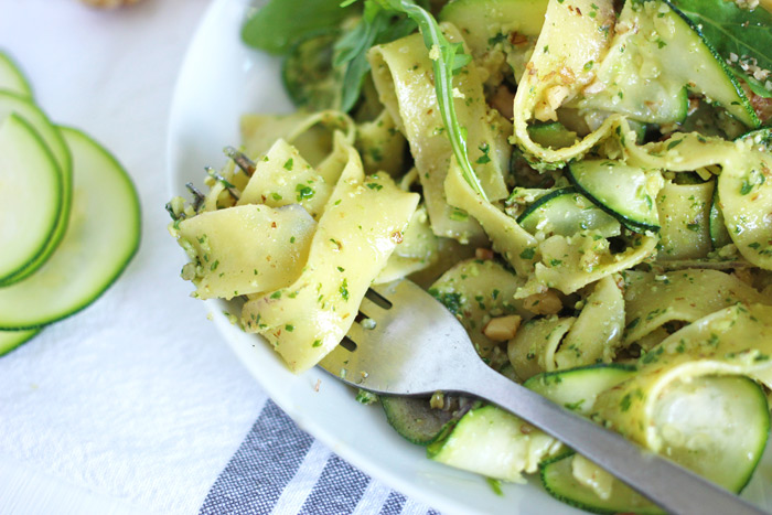 pappardelle with zucchini and arugula walnut pesto vegan pasta