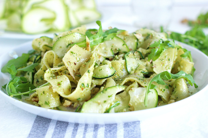 pappardelle with zucchini and arugula walnut pesto vegan pasta