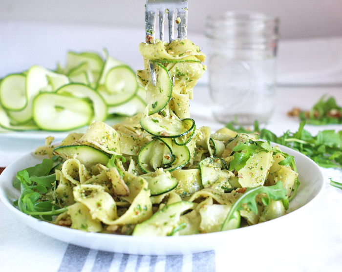 pappardelle with zucchini and arugula walnut pesto vegan pasta