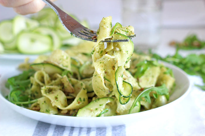 pappardelle with zucchini and arugula walnut pesto vegan pasta