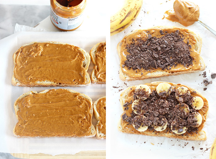 Grilled Chocolate Banana and Peanut Butter. Melted chocolate, creamy peanut butter and sweet bananas all wrapped up in one sandwich. All this amazingness in each and every bite! neuroticmommy.com #vegan #healthy