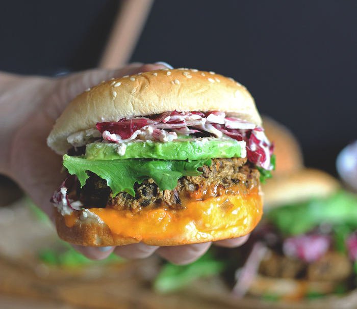 The Best Veggie Big Mac Burger with Radicchio Slaw (Vegan GF), using organic greens and a simple dressing to put the Big Mac to shame. This is where real fast food happens. neuroticmommy.com #vegan