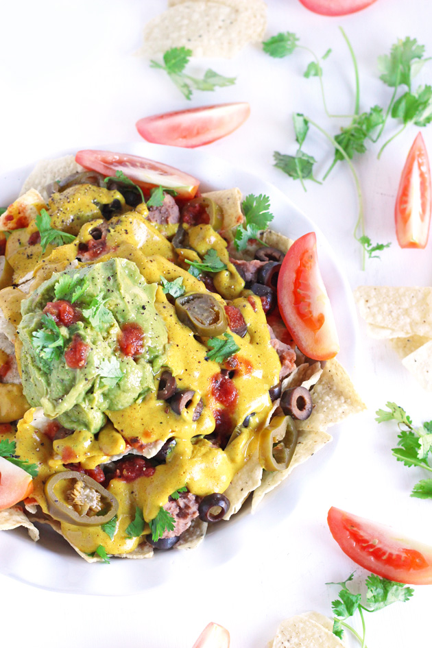 Fully Loaded Healthier Vegan Nachos. A satisfying snack made with a healthy vegan cheese sauce. #vegan #healthy NeuroticMommy.com