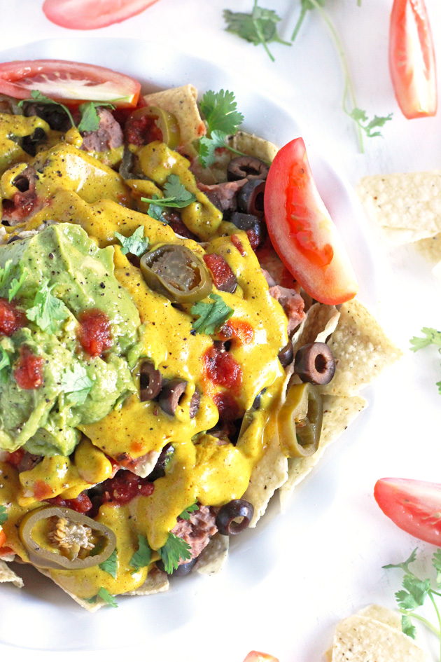 Fully Loaded Healthier Vegan Nachos. A satisfying snack made with a healthy vegan cheese sauce. #vegan #healthy NeuroticMommy.com