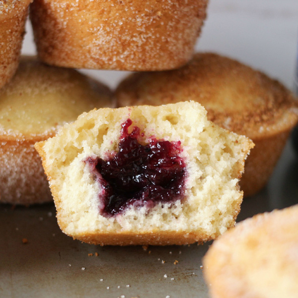 Doughnut Muffins Stuffed with Blueberry Jam, the perfect thanksgiving morning breakfast. NeuroticMommy.com #vegan #thanksgiving #donuts