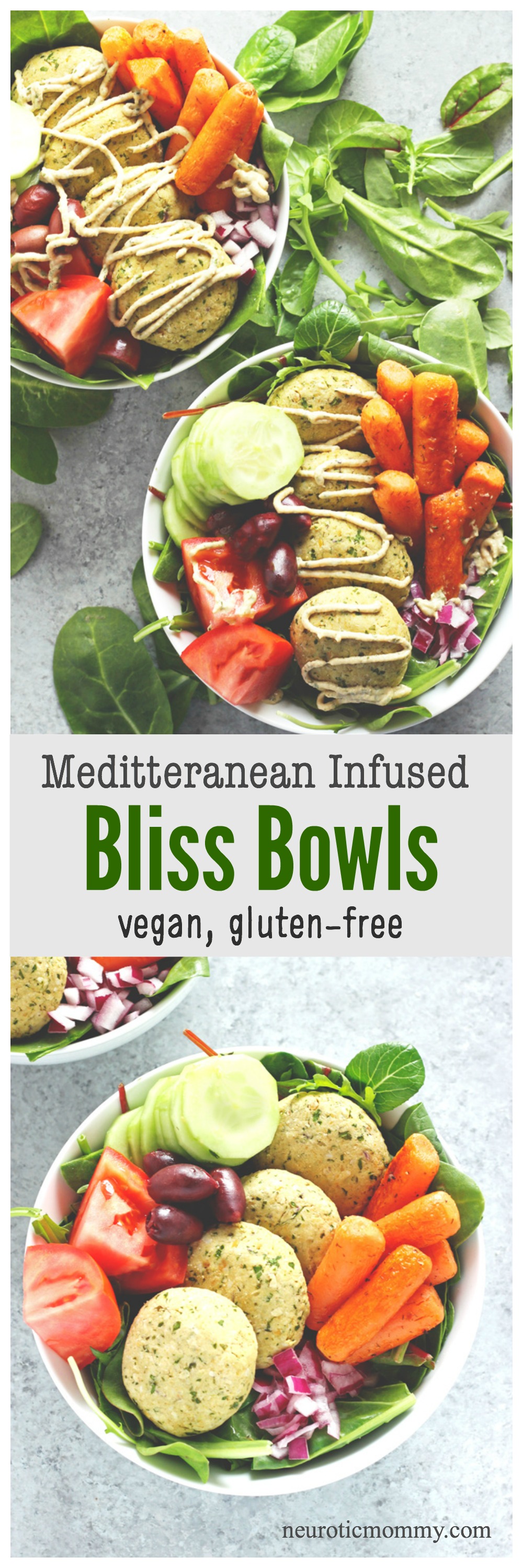 Mediterranean Infused Bliss Bowls - Delectable bowls loaded with falafel, leafy greens, roasted carrots, red onion, tomato, kalamata olives, and cucumbers. Perfectly filling, perfectly healthy. NeuroticMommy.com #vegan #healthy