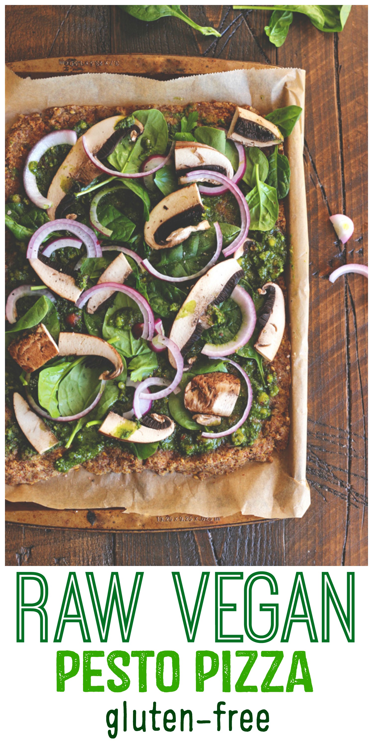 This pizza will hit the spot, it's satisfying, with the right amount of pesto and flavor. Jam packed with nutrients and one of many meals to share with the family after holidays full of sweets. NeuroticMommy.com #vegan #raw #healthy #pizza
