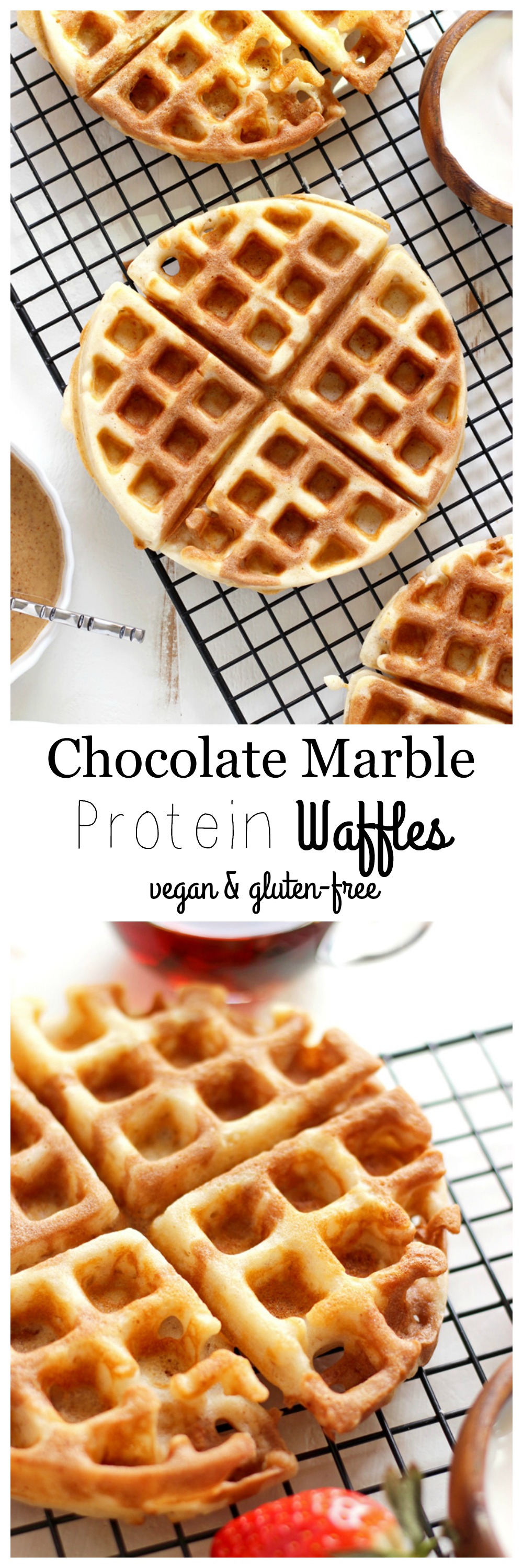 Chocolate Marble Protein Waffles - Incredibly fluffy and chocolatey waffles jam packed with proteins and superfoods. Deliciously healthy. NeuroticMommy.com #vegan #breakfast #protein