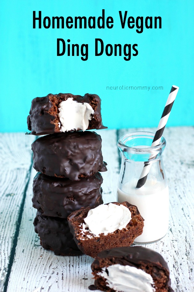 Outstanding Homemade Vegan Ding Dongs - Chocolate cakes with a cream filling and a dark chocolate coating. Not only are they vegan, they're good for you. NeuroticMommy.com #vegan #healthy #cakes