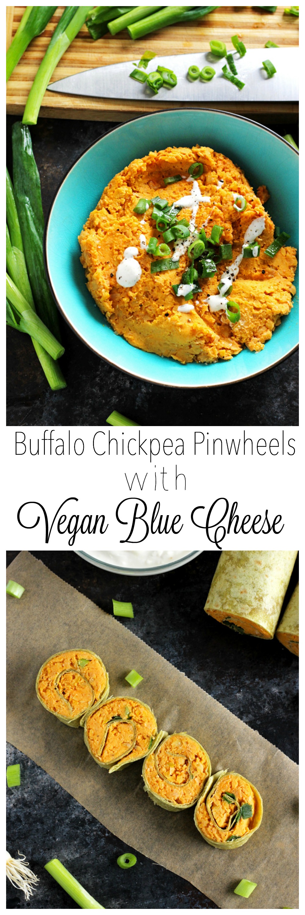 Buffalo Chickpea Pinwheels with Vegan Blue Cheese - Vegan fingerfood made healthy! Homemade buffalo sauce with mashed chickpeas, wrapped in a spinach tortilla, with vegan blue cheese for dipping! NeuroticMommy.com #vegan #healthy