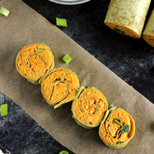 Buffalo Chickpea Pinwheels with Vegan Blue Cheese - Vegan fingerfood made healthy! Homemade buffalo sauce with mashed chickpeas, wrapped in a spinach tortilla, with vegan blue cheese for dipping! NeuroticMommy.com #vegan #healthy