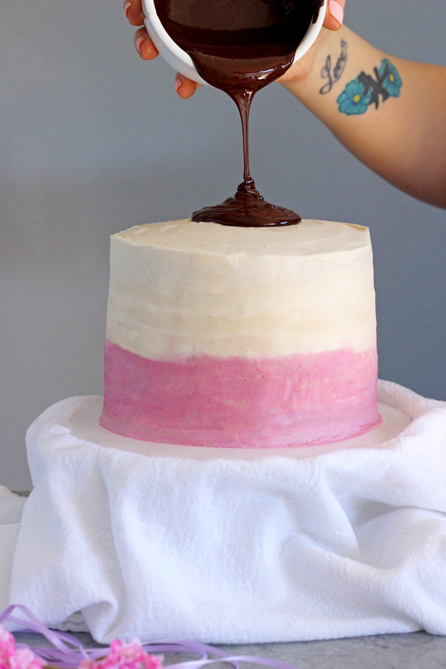 Pink Ombre Birthday Cake - Celebrate your birthday with this decedent chocolate buttercream filled cake, made completely vegan! NeuroticMommy.com #cakes #vegan #birthday