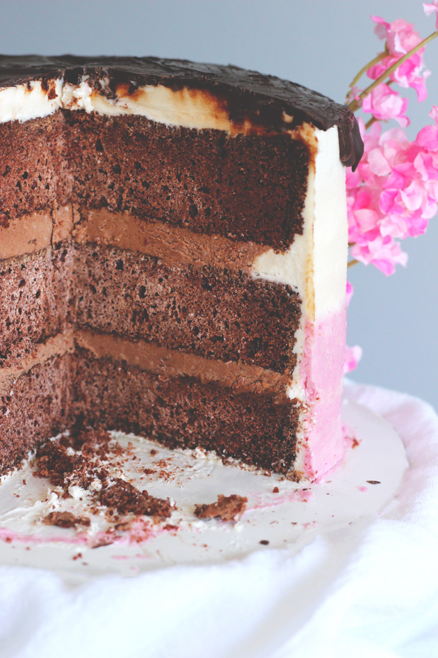 Pink Ombre Birthday Cake - Celebrate your birthday with this decedent chocolate buttercream filled cake, made completely vegan! NeuroticMommy.com #cakes #vegan #birthday