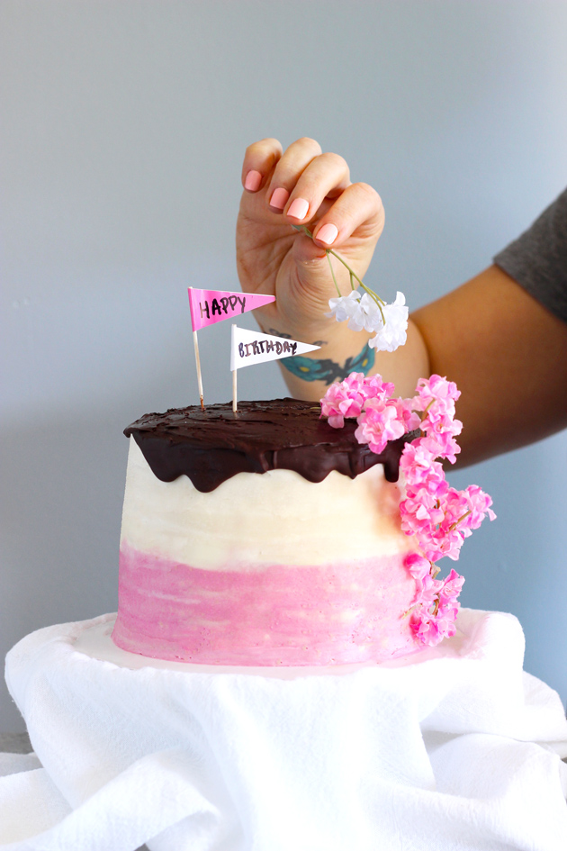 Pink Ombre Birthday Cake - Celebrate your birthday with this decedent chocolate buttercream filled cake, made completely vegan! NeuroticMommy.com #cakes #vegan #birthday