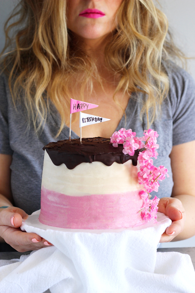 Pink Ombre Birthday Cake - Celebrate your birthday with this decedent chocolate buttercream filled cake, made completely vegan! NeuroticMommy.com #cakes #vegan #birthday