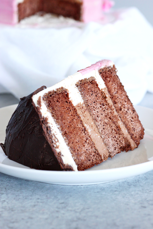 Pink Ombre Birthday Cake - Celebrate your birthday with this decedent chocolate buttercream filled cake, made completely vegan! NeuroticMommy.com #cakes #vegan #birthday