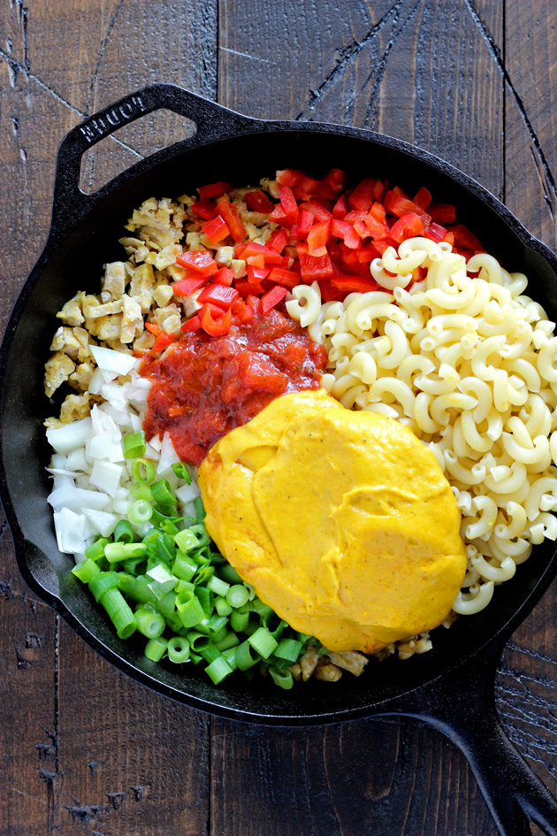 One Skillet Vegan Hamburger Helper - Using a homemade vegan cheese sauce and tempeh, giving this meal the healthy twist it deserves. Ultra cheesy, kid and adult approved. NeuroticMommy.com #vegan #healthy