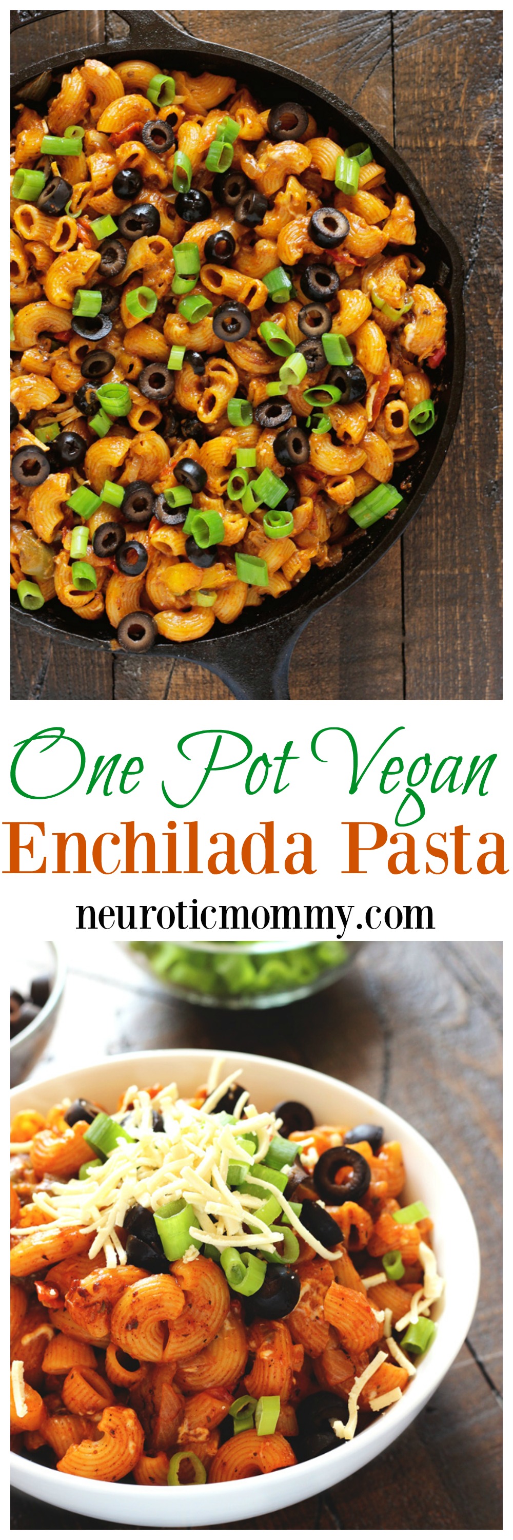 One Pot Vegan Enchilada Pasta - This go to weeknight dinner is perfect for healthy, quick, and easy. The melty vegan cheese, vegetables, and comfort of pasta are ready to eat in less than 20 minutes. NeuroticMommy.com #vegan #dinner #backtoschool