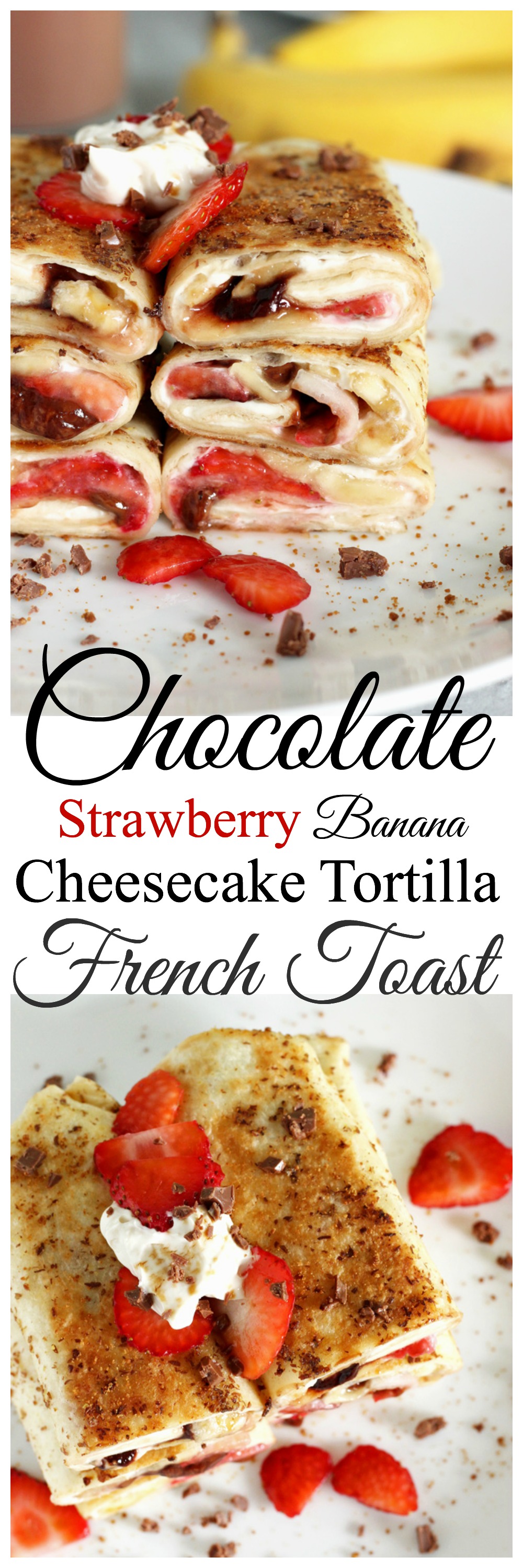 Stuffed Tortilla Cheesecake French Toast - This is the best breakfast, dessert, snack, ever! Stuffed with healthy dark chocolate, strawberries, bananas, and vegan cream cheese, you legit can't go wrong. NeuroticMommy.com #vegan #brunch #healthy