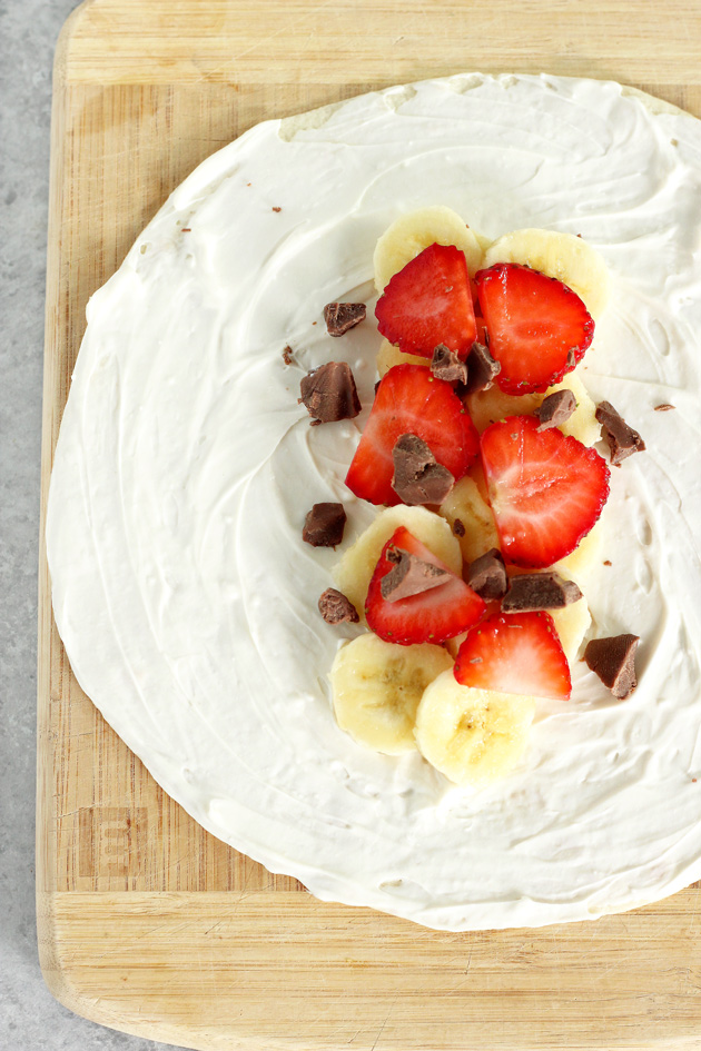 Stuffed Tortilla Cheesecake French Toast - This is the best breakfast, dessert, snack, ever! Stuffed with healthy dark chocolate, strawberries, bananas, and vegan cream cheese, you legit can't go wrong. NeuroticMommy.com #vegan #brunch #healthy