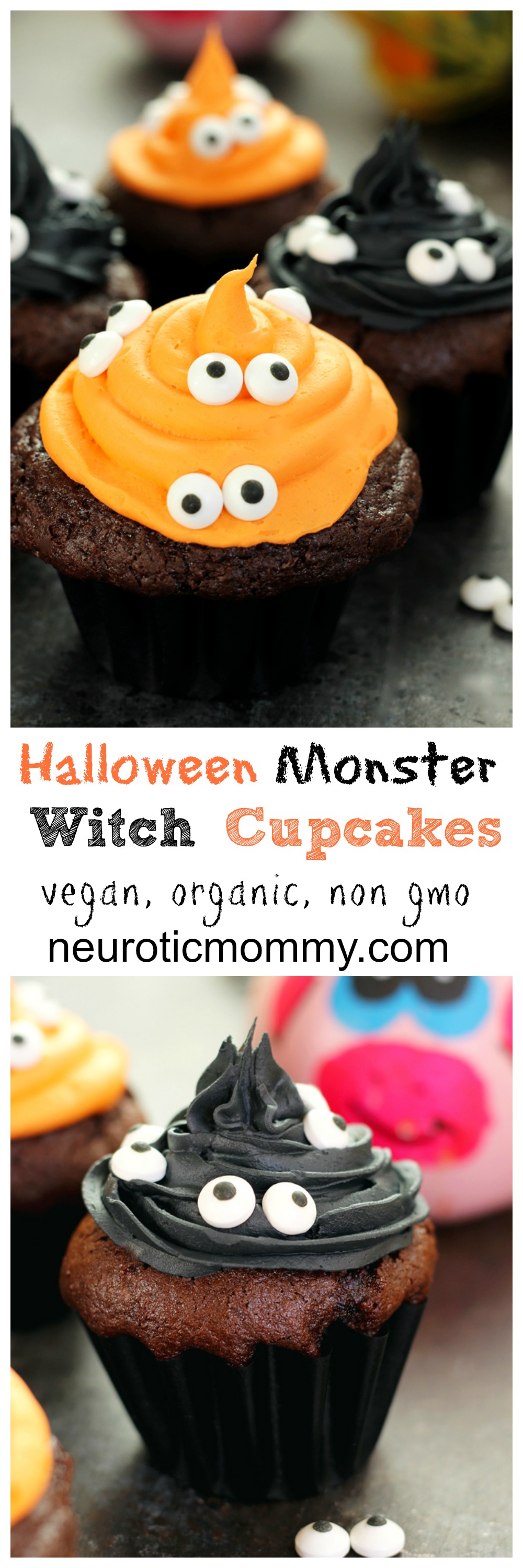 Halloween Monster Witch Cupcakes - This is the perfect treat to make for Halloween especially if you don't have much time. They're moist, chocolatey, and spooky. Perfect for the days festivities! NeuroticMommy.com #vegan #halloween