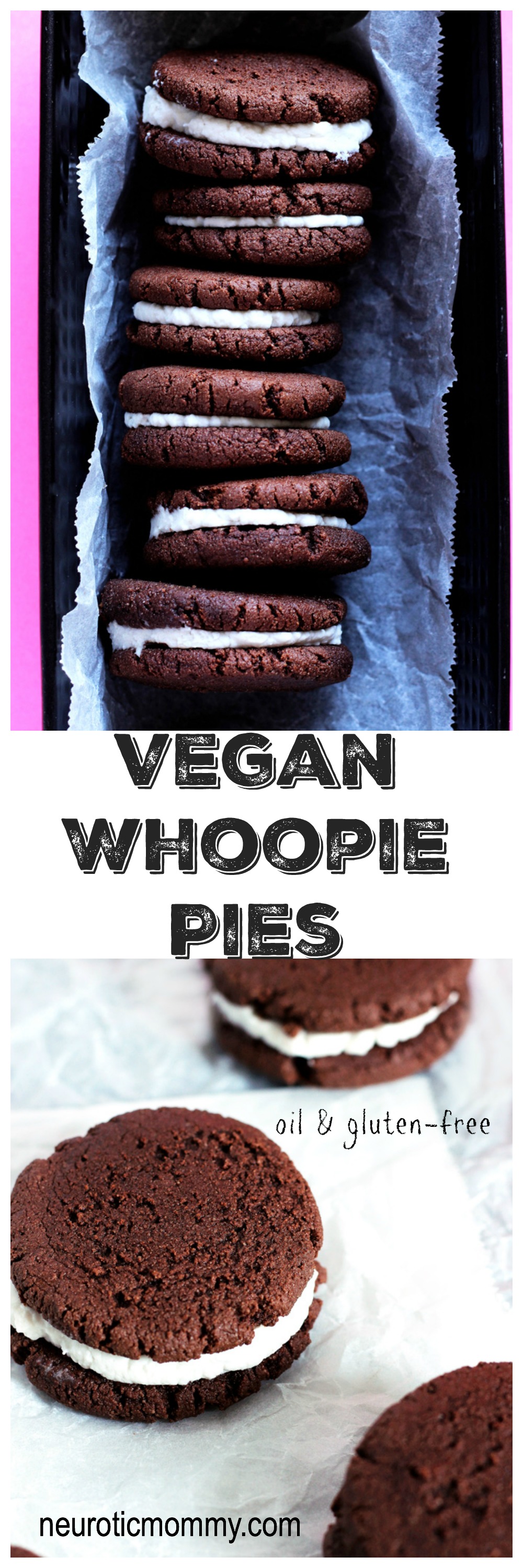 Vegan Whoopie Pies - Easy 4 ingredient snack filled with sweet coconut whipped cream and a melty dreamy chocolate cookie. NeuroticMommy.com #vegan #glutenfree