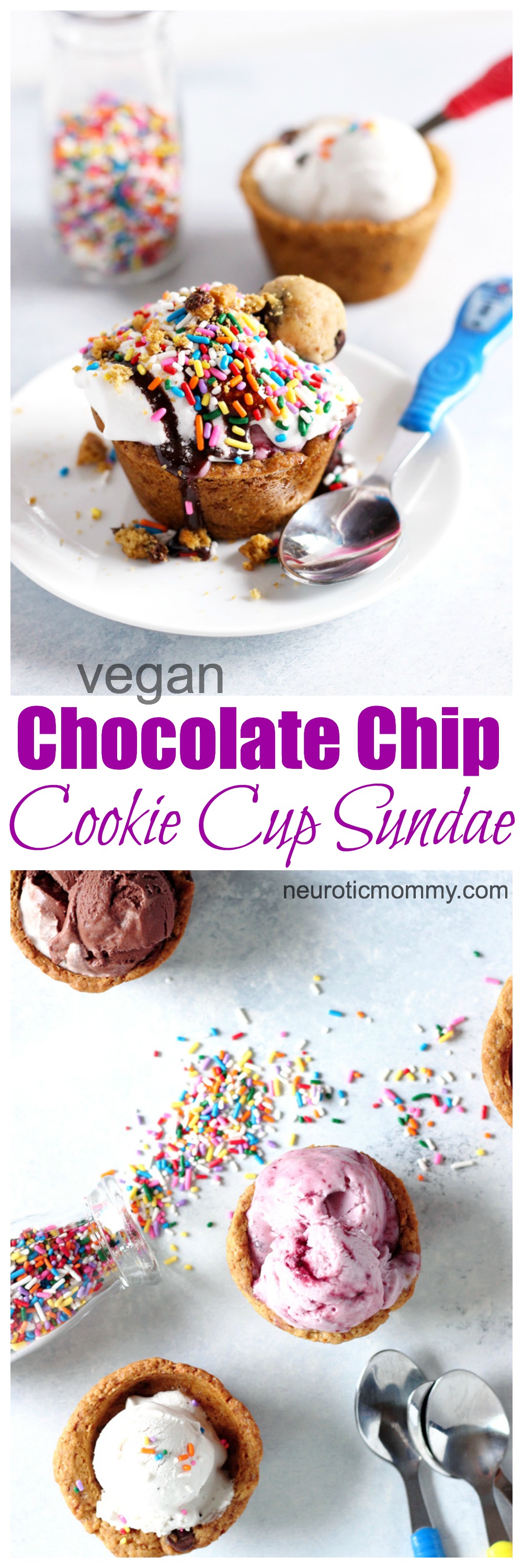 Chocolate Chip Cookie Cup Sundae - Don't settle for a measly piece of chocolate this year when you can have this! Have fun and get romantic with these chocolate chip cookie cups. Topped with #vegan ice cream and chocolate sauce...you don't want to miss out. Super easy to make! NeuroticMommy.com #desserts #valentinesday