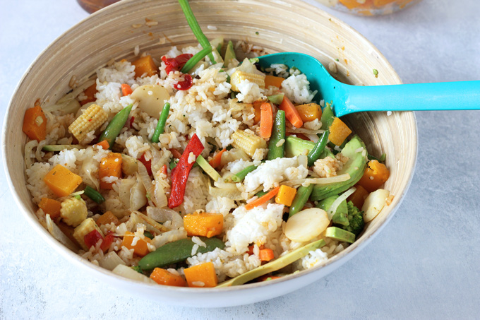 Family Style Veggie Rice Bowl - An easy, healthy meal the whole family can get in on! Loaded with all sorts of veggies. Feel free to add whatever else you like. NeuroticMommy.com #vegan #family #dinner