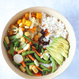 Family Style Veggie Rice Bowl - An easy, healthy meal the whole family can get in on! Loaded with all sorts of veggies. Feel free to add whatever else you like. NeuroticMommy.com #vegan #family #dinner