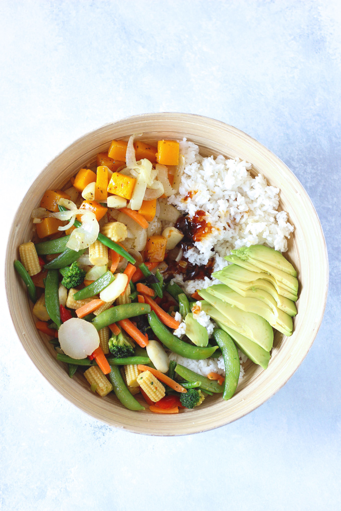 Family Style Veggie Rice Bowl - An easy, healthy meal the whole family can get in on! Loaded with all sorts of veggies. Feel free to add whatever else you like. NeuroticMommy.com #vegan #family #dinner