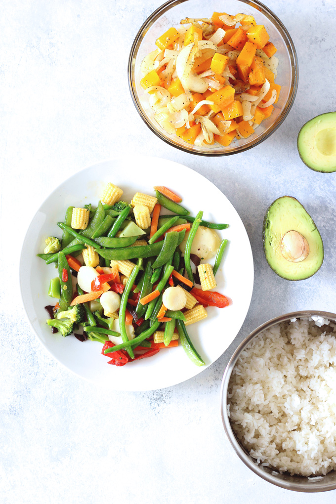 Family Style Veggie Rice Bowl - An easy, healthy meal the whole family can get in on! Loaded with all sorts of veggies. Feel free to add whatever else you like. NeuroticMommy.com #vegan #family #dinner