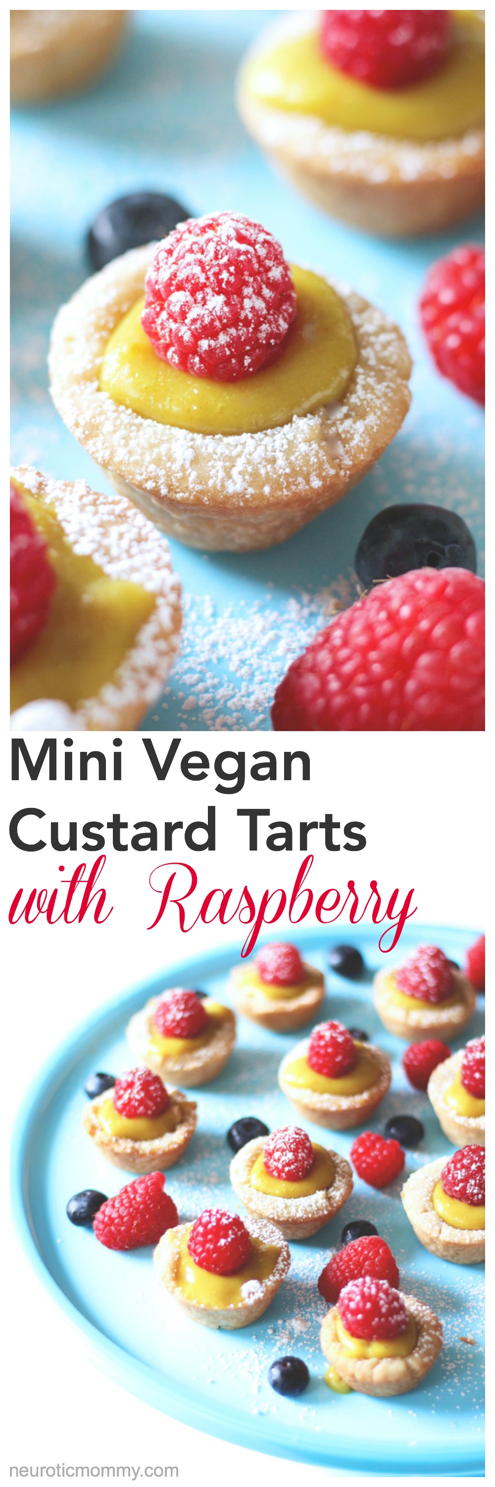 Mini Vegan Custard Tarts with Raspberry - These tarts are made with a cake crust and filled with a creamy, dreamy, heavenly vegan custard. Topped off with fresh raspberries and powdered coconut shreds for extra sparkle, making these bites sugar freakin' free! NeuroticMommy.com #vegan #healthysnacks