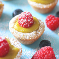 Mini Vegan Custard Tarts - These tarts are made with a cake crust and filled with a creamy, dreamy, heavenly vegan custard. Topped off with fresh raspberries and powdered coconut shreds for extra sparkle, making these bites sugar freakin' free! NeuroticMommy.com #vegan #healthysnacks