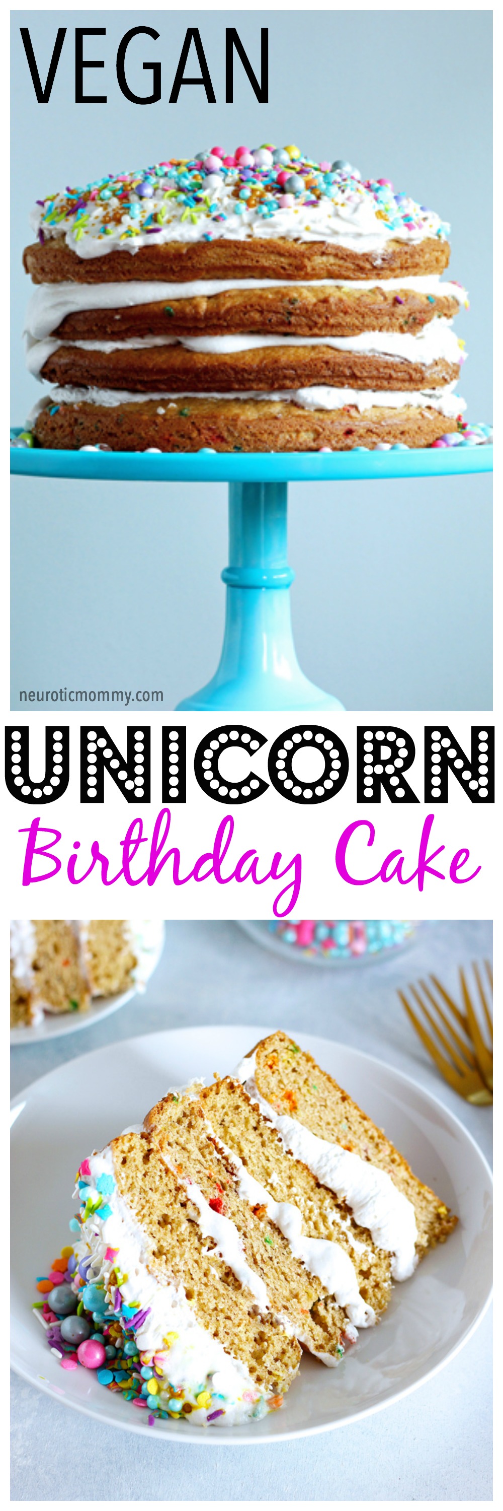 Unicorn Birthday Cake Celebrations - Celebrate with NeuroticMommy bringing in her birthday colorful, sparkly, and full of love! This vanilla dream unicorn cake is totally vegan and overloaded with coconut whipped cream! NeuroticMommy.com #birthdaycake #vegan #cake
