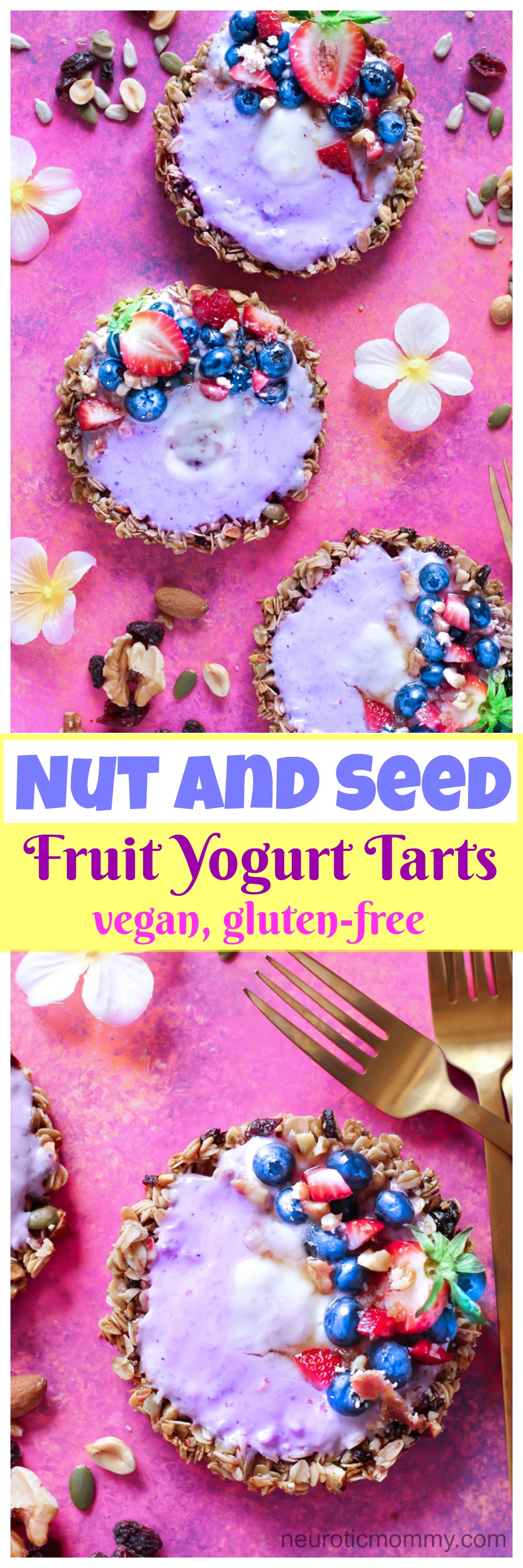 Nut and Seed Fruit Yogurt Tarts [Vegan] - These tarts not only look super pretty, they are filled with vegan blueberry yogurt and surrounded by an array of delicious mixed nuts like walnuts, almonds, sunflower seeds and peanuts. Add some fresh berries on top and enjoy this sweet treat as breakfast, snack or dessert. NeuroticMommy.com #healthy #vegan #easter #tarts