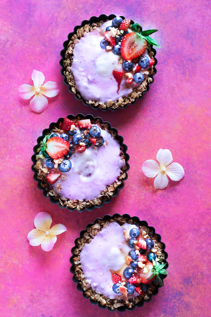 Nut and Seed Fruit Yogurt Tarts [Vegan] - These tarts not only look super pretty, they are filled with vegan blueberry yogurt and surrounded by an array of delicious mixed nuts like walnuts, almonds, sunflower seeds and peanuts. Add some fresh berries on top and enjoy this sweet treat as breakfast, snack or dessert. NeuroticMommy.com #healthy #vegan #easter #tarts 