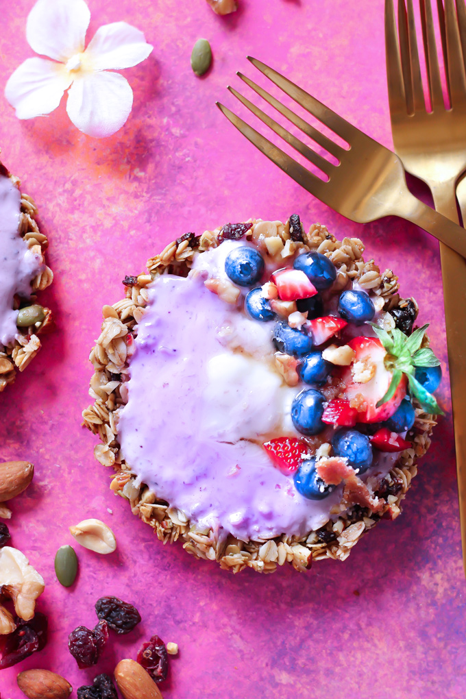 Nut and Seed Fruit Yogurt Tarts [Vegan] - These tarts not only look super pretty, they are filled with vegan blueberry yogurt and surrounded by an array of delicious mixed nuts like walnuts, almonds, sunflower seeds and peanuts. Add some fresh berries on top and enjoy this sweet treat as breakfast, snack or dessert. NeuroticMommy.com #healthy #vegan #easter #tarts 