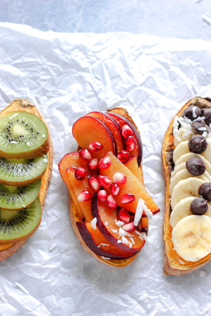 Sweet Potatoes are the New Toast 5 Ways - This toast has been all the rage. Make up your own combo or follow the recipe here and you'll have this sweetness all ready for ya in the matter of minutes! NeuroticMommy.com #healthy #snacks #vegan #plantbased