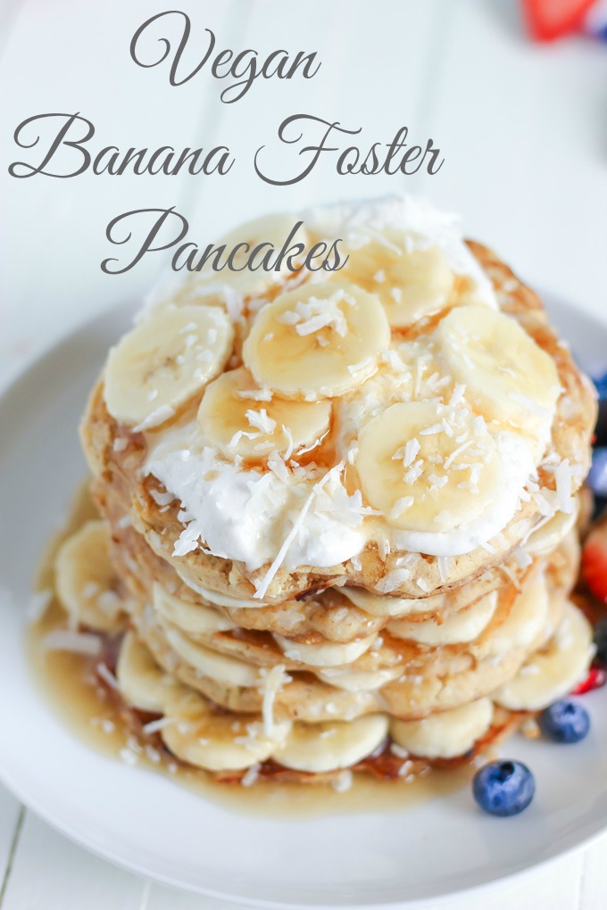 Vegan Banana Foster Pancakes - Wake up Easter morning to a delicious stack loaded with goodness. NeuroticMommy.com #vegan #easter #breakfast