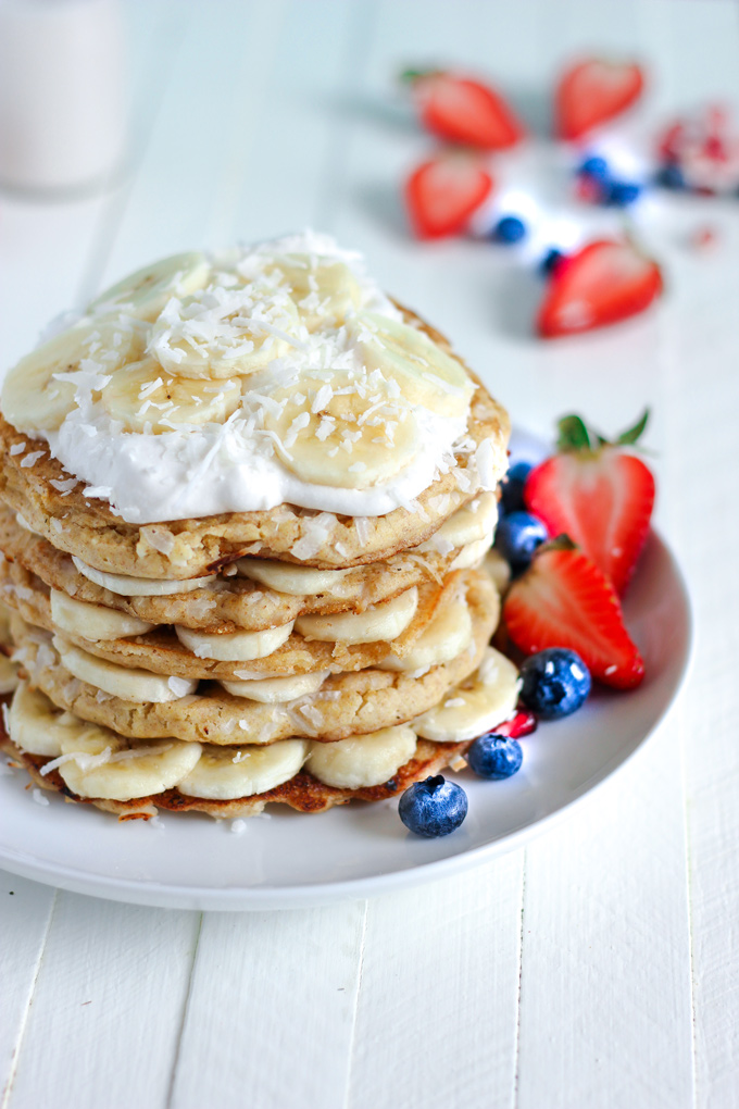 Vegan Banana Foster Pancakes - Wake up Easter morning to a delicious stack loaded with goodness. NeuroticMommy.com #vegan #easter #breakfast