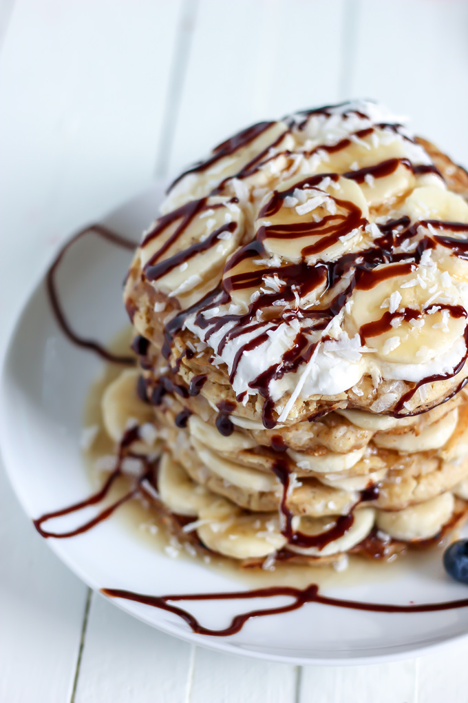 Vegan Banana Foster Pancakes - Wake up Easter morning to a delicious stack loaded with goodness. NeuroticMommy.com #vegan #easter #breakfast