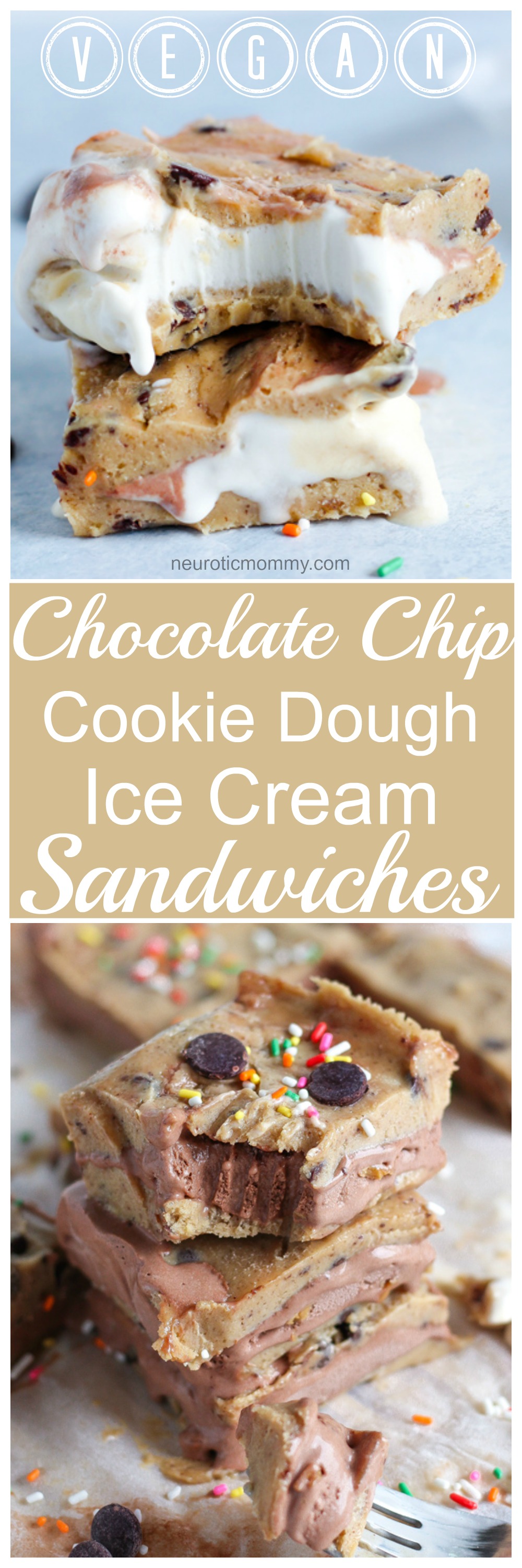 Vegan Chocolate Chip Cookie Dough Ice Cream Sandwiches- The most delicious vegan ice cream bars filled with dairy free rocky road and birthday cake! NeuroticMommy.com #vegan #desserts #snacks