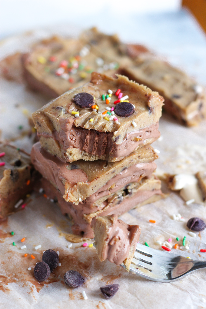 Vegan Chocolate Chip Cookie Dough Ice Cream Sandwiches- The most delicious vegan ice cream bars filled with dairy free rocky road and birthday cake! NeuroticMommy.com #vegan #desserts #snacks