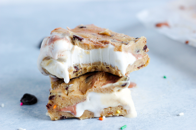 Vegan Chocolate Chip Cookie Dough Ice Cream Sandwiches - The most delicious vegan ice cream bars filled with dairy free rocky road and birthday cake! NeuroticMommy.com #vegan #desserts #snacks