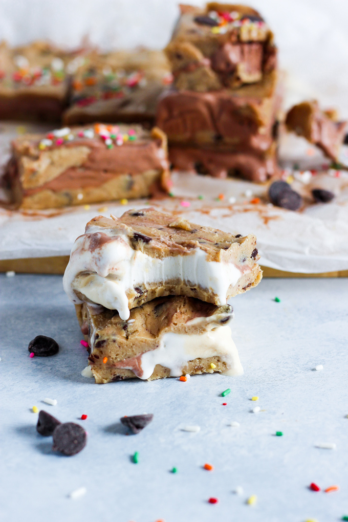 Vegan Chocolate Chip Cookie Dough Ice Cream Sandwiches - The most delicious vegan ice cream bars filled with dairy free rocky road and birthday cake! NeuroticMommy.com #vegan #desserts #snacks