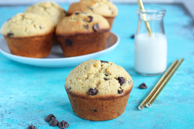 Jumbo Bakery Style Chocolate Chip Muffins - These vegan fluffy and moist muffins are perfect for breakfast, brunch or snack time. Each bite filled with melty chocolate chips! NeuroticMommy.com #vegan #muffins #snacks